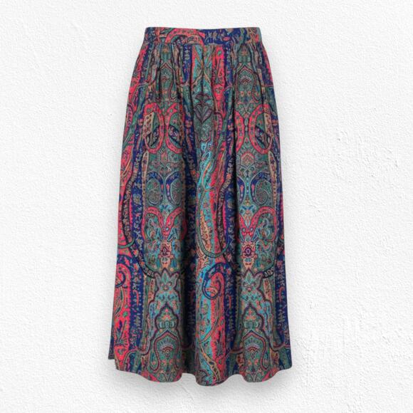 Vintage Dresses & Skirts - 1970s Vintage Paisley Tapestry Red Blue Pleated Midi Skirt Made in USA Size 8